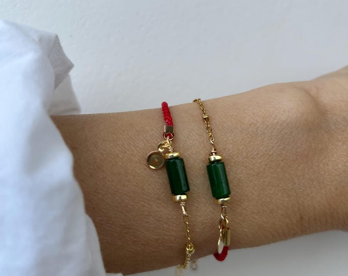 Green Jade Red String Bracelet, Gold Filled, Abundance Luck Protection, stainless steel