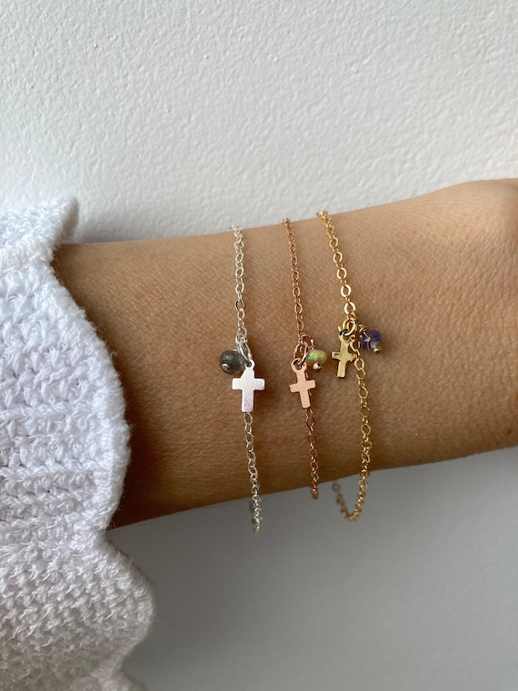 Tiny cross and birthstone bracelet - Gold filled  cross bracelet. Birthstone bracelet.  Tiny cross and gemstone bracelet.