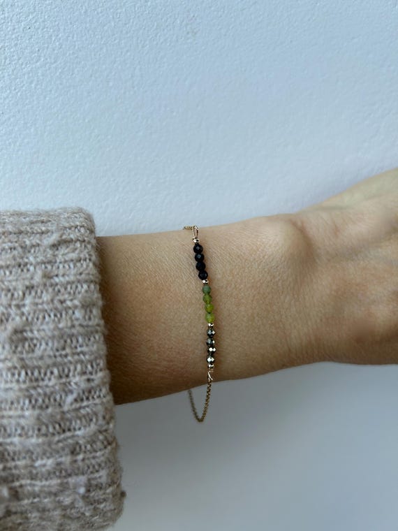 Abundance bracelet. Black tourmaline, green jade and pyrite bracelet. Gold , silver, rose gold chain.