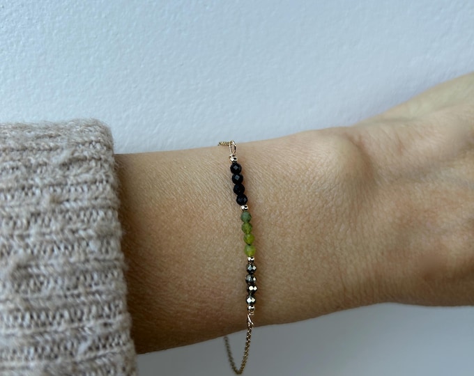 Abundance bracelet. Black tourmaline, green jade and pyrite bracelet. Gold , silver, rose gold chain.