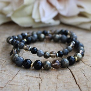 Empath protection bracelet for men. Black tourmaline, hematite,  larvikite, hematite, smoky quartz and pyrite. Abundance. 6mm/8mm beads.