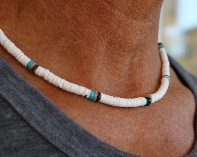 White Puka Shell Surfer Necklace: Heishi Beads, Waterproof Jewelry