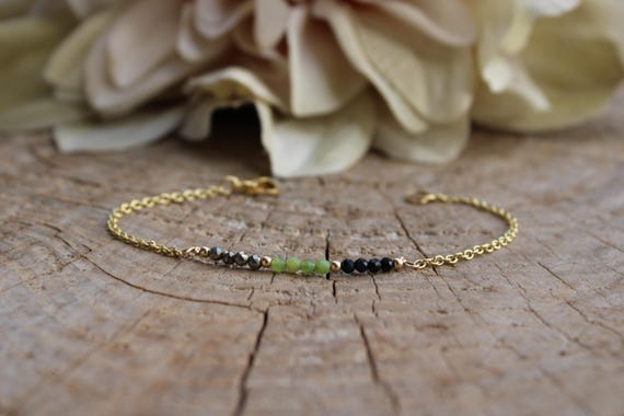 Black tourmaline, green jade and pyrite bracelet. Multi gemstone bracelet. Bead bar bracelet. Abundance,  protection and block negativity.