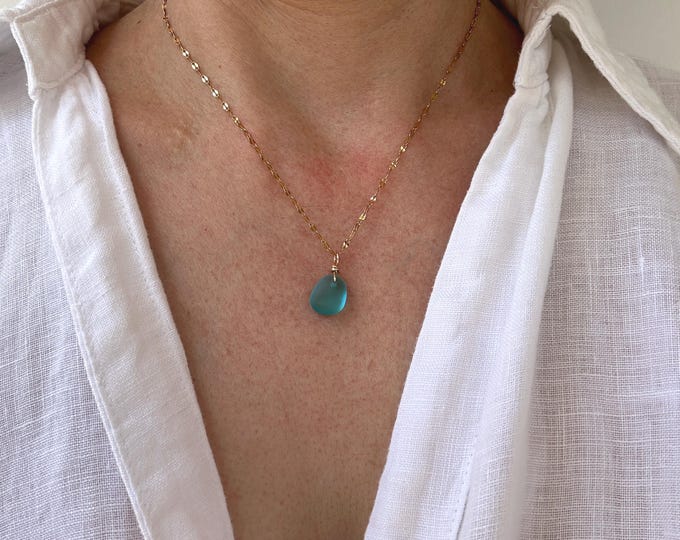 Cultured Sea Glass Necklace, Beach Jewelry, Stainless Steel Chain, Gold Rose Silver