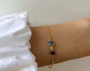 Gold Filled Evil Eye Bracelet, Black Tourmaline Protection Chain. Stainless steel option
