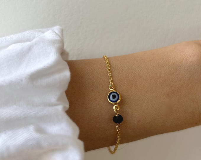 Gold Filled Evil Eye Bracelet, Black Tourmaline Protection Chain. Stainless steel option
