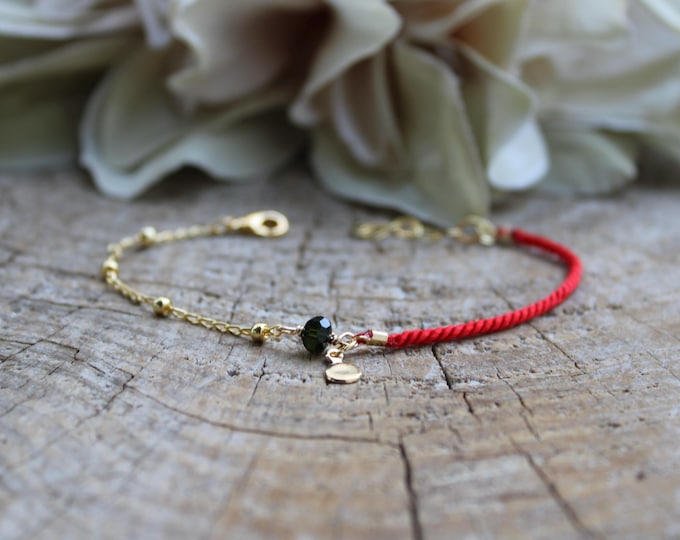 Black Tourmaline Red String Bracelet: Gold Filled Chain, Empath Protection. Gold, silver stainless steel