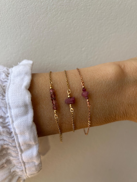 Pink tourmaline bracelet. Tourmaline bead bar.  Raw pink tourmaline nugget.  October birthstone. Emotional healing, dispel negativity.