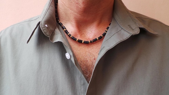 Black beaded necklace for men. Black stone and coconut wood bead necklace. Surfer style necklace.