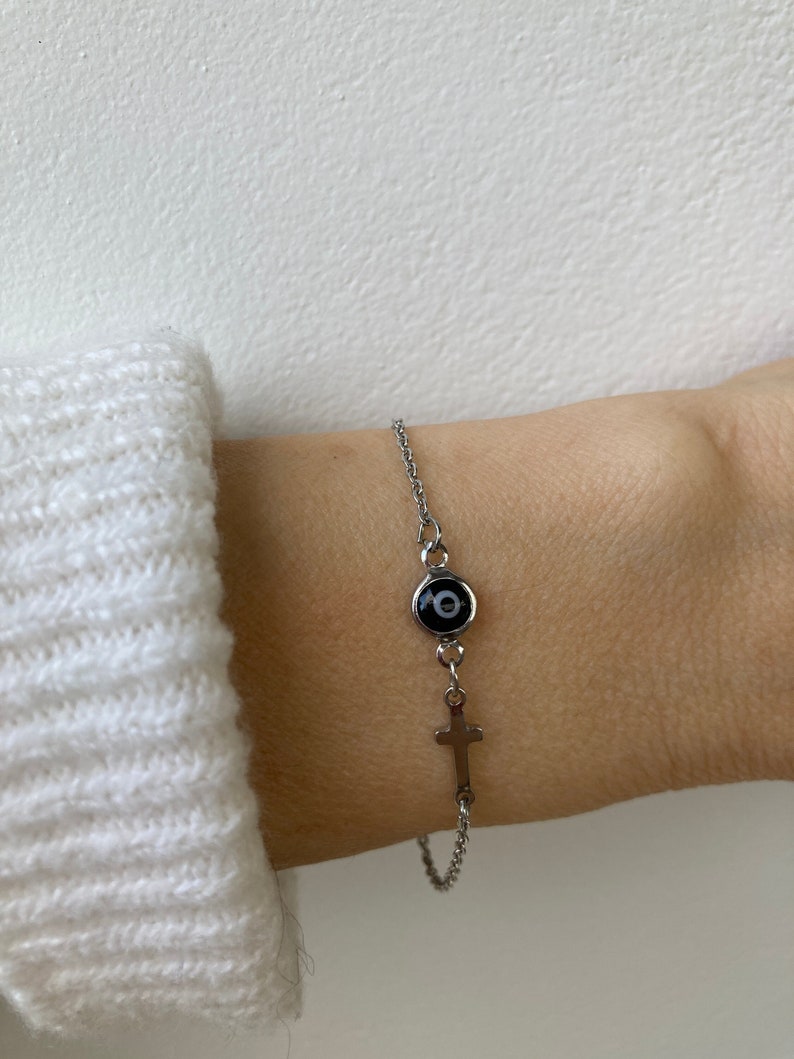 Evil eye and cross bracelet. Evil eye bracelet. Sideways cross bracelet. Greek mati and cross bracelet. Protection. Silver chain image 1