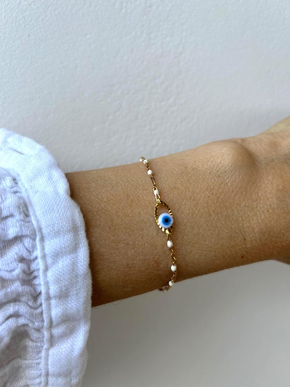 Dainty Evil Eye Bracelet: Stainless Steel Chain, Greek Mati Protection