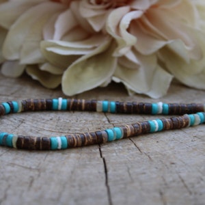 Mens coconut and turquoise necklace.Mens beaded necklace. Mens necklace. Surfer style necklace. Mens turquoise necklace. Wood bead necklace.