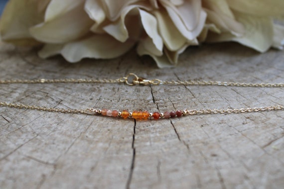 Dainty carnelian necklace.  Beaded carnelian necklace. Shaded carnelian necklace.  Gold filled/rose gold filled/sterling silver