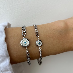Heren boze oog-kettingarmband. Uniseks boze oog-armband. Beschermingsarmband. Zilveren roestvrijstalen ketting.
