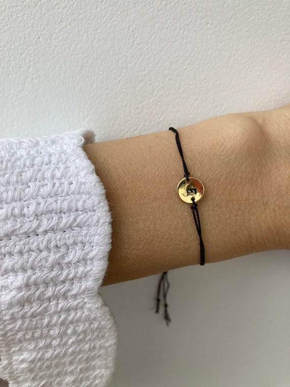 Initial bracelet. Silk cord bracelet with personalised  disc.  Silk cord bracelet with symbol.  Gold filled, sterling silver