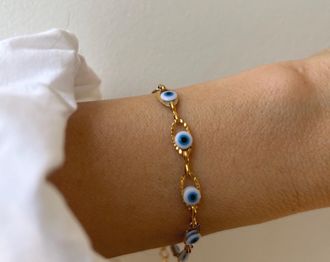 Evil eye link chain bracelet. Stainless Steel , Greek Mati Gold, silver