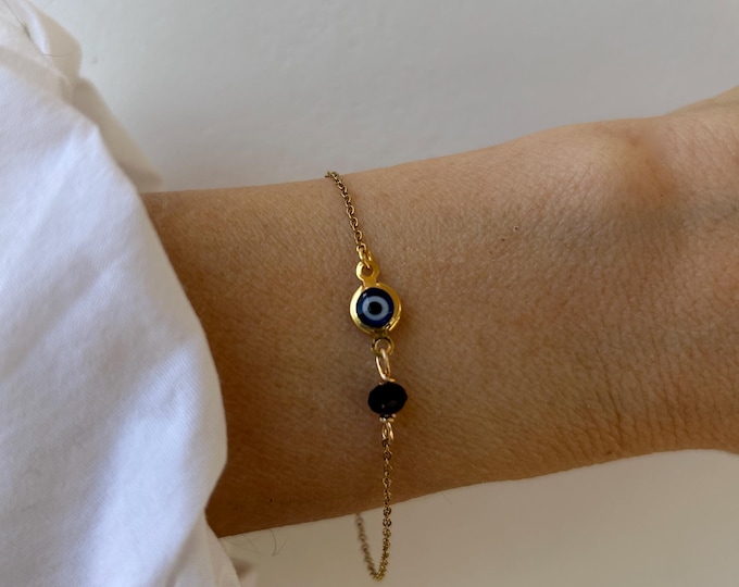 Gold Filled Evil Eye Bracelet.  Black Tourmaline Protection bracelet. Gold, silver stainless steel chain.