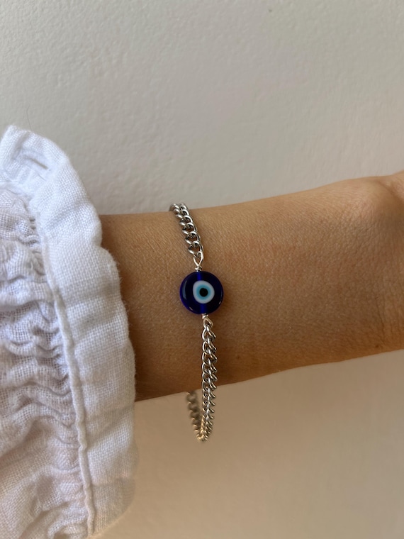 Blue Evil Eye Bracelet: Stainless Steel Chain Protection Jewelry