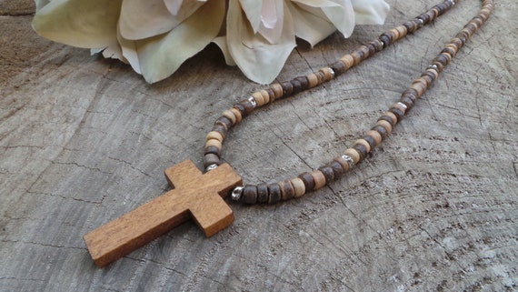 Mens necklace. Mens cross necklace. Cross necklace men. Mens wooden cross necklace.Wood cross necklace. Mens beaded necklace. Gift for him.