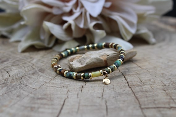 Tiger's eye and African Turquoise bracelet. Gemstone  bracelet for abundance and protection. Coin bracelet. Gold filled, sterling silver.