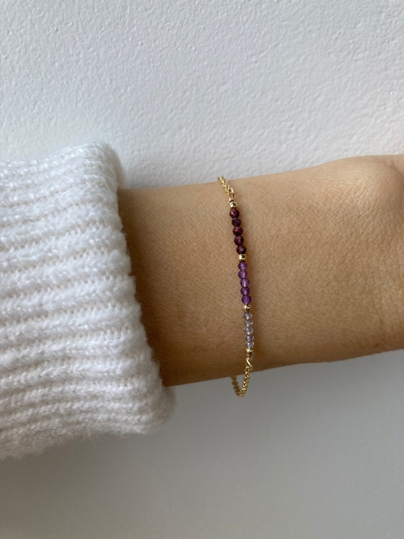 Iolite, amethyst and garnet bracelet. Crystal healing bracelet. Gemstone bar bracelet.  Gold filled/sterling silver