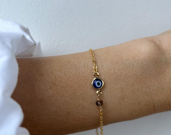 Gold Filled Evil Eye Bracelet: Smoky Quartz, Protection Jewelry. Stainless steel