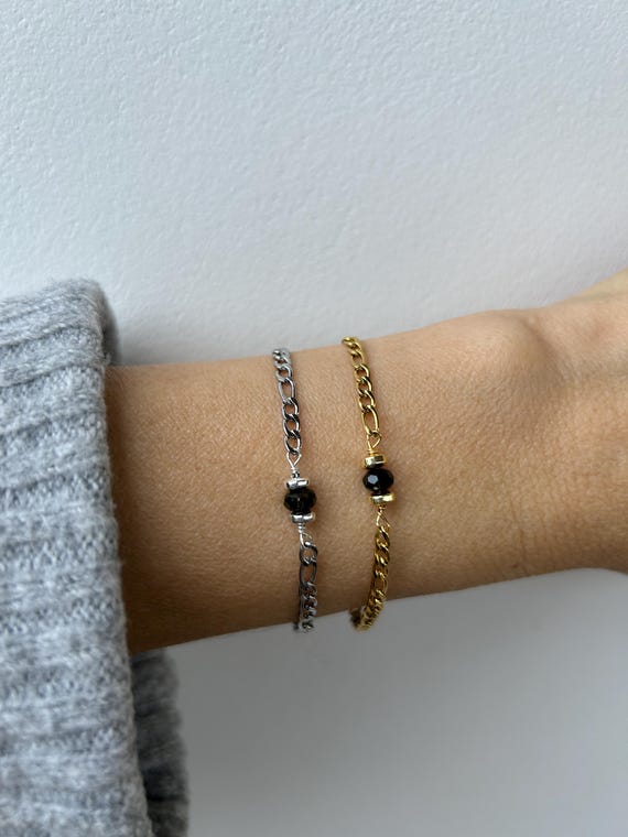 Black tourmaline bracelet for men. Unisex Figaro stainless steel chain. Empath protection. Silver/gold chain. 3mm.