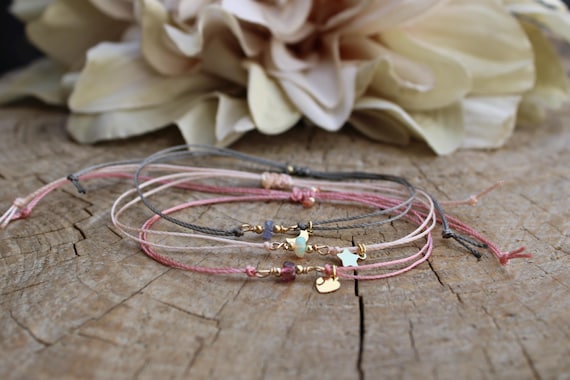 Gemstone and charm cord bracelet. Birthstone cord bracelet. Friendship bracelet. Moon, star, heart charm.