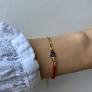 Red String Evil Eye Protection Bracelet, Gold Filled Charm, Adjustable Cord Jewelry image 8