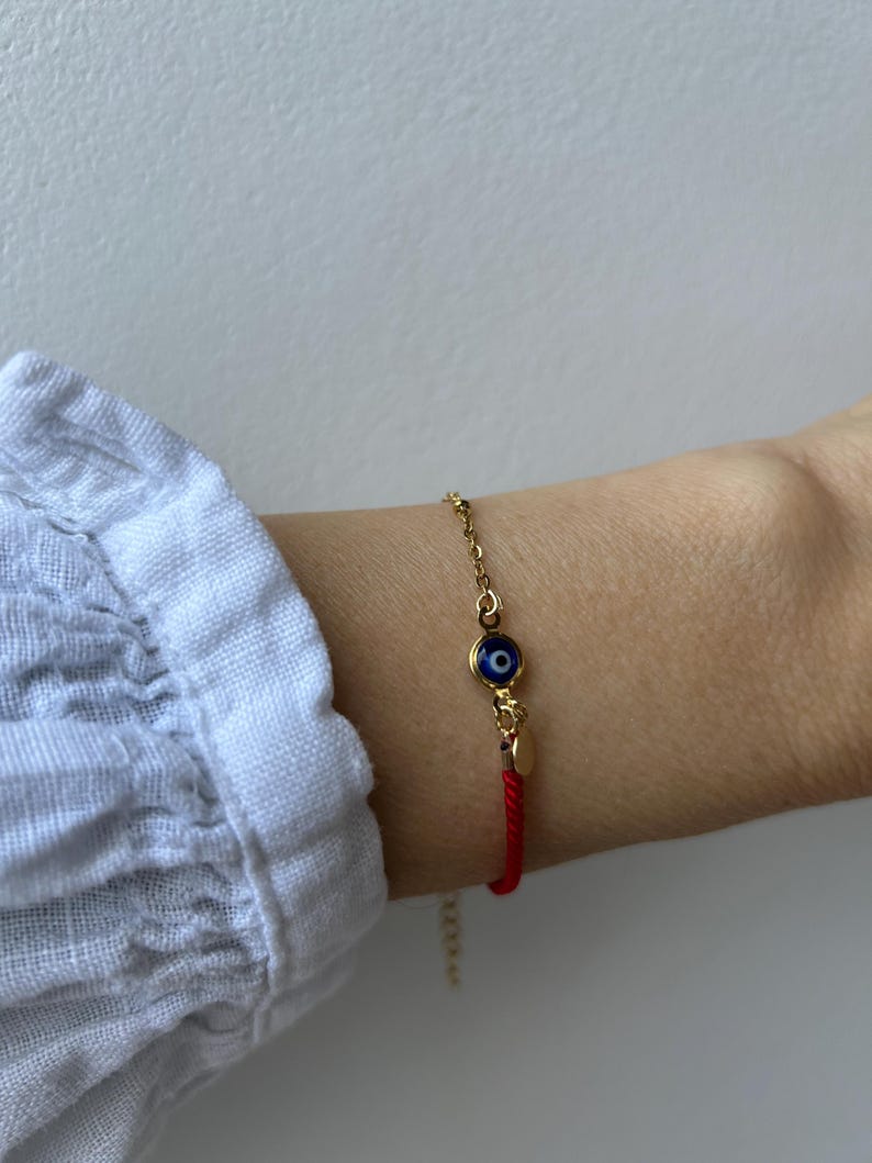 Red String Evil Eye Protection Bracelet, Gold Filled Charm, Adjustable Cord Jewelry image 8