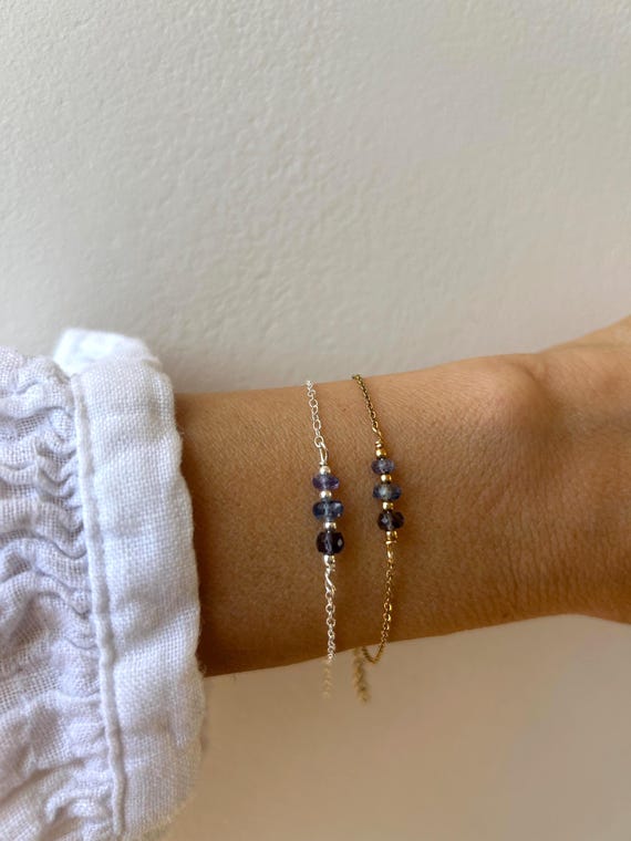 Tanzanite, kyanite, iolite  bracelet. Blue gemstone bracelet. Something blue. Calming and balancing. Gold, silver, rose gold chain.