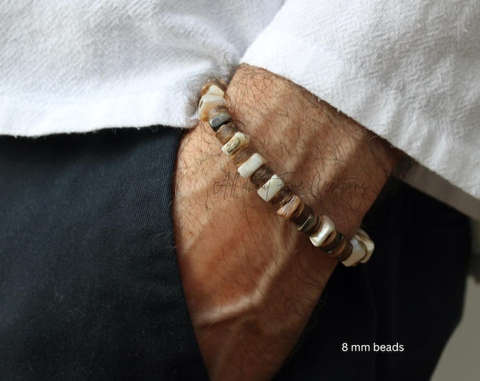 Mens Coconut Shell Bracelet: Heishi Beads, Surfer Style. 6mm or 8mm beads.