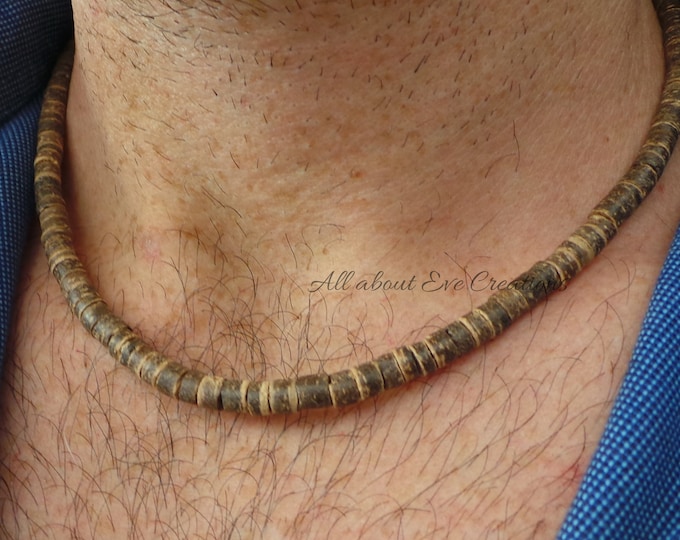 Mens Brown Coconut Beaded Necklace: Boho Surfer Style necklace.