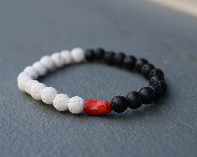 Unisex Lava Rock & Red Coral Bracelet: 6mm Beads, black and white stretch cord
