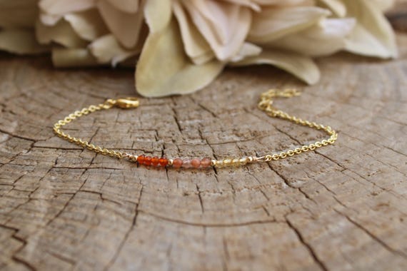 Carnelian, sunstone and citrine bracelet. Gemstone bead bar bracelet. Orange gemstones. Energy, optimism. Gold filled/sterling silver