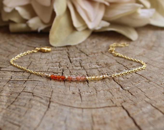Carnelian, sunstone and citrine bracelet. Gemstone bead bar bracelet. Orange gemstones. Energy, optimism. Gold filled/sterling silver