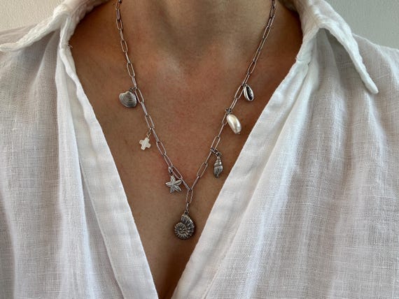 Multi charm statement necklace. Silver/gold stainless steel paper clip necklace with charms. Stainless steel charm necklace. Beach theme.