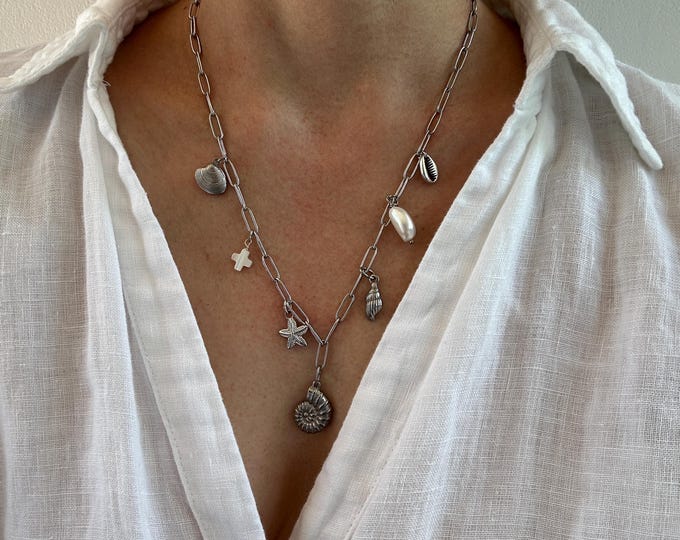 Summer Charm Necklace, Seashell, Pearl ,Starfish Pendant, Beachy Jewelry, Waterproof Anti Tarnish