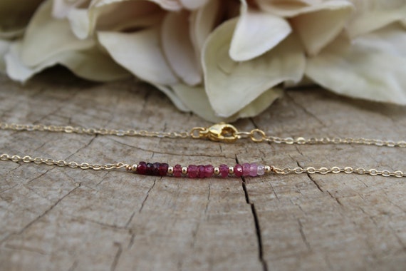 Ruby beaded bar necklace.  Ombre ruby necklace.  July birthstone. Gold filled/rose gold filled/sterling silver.