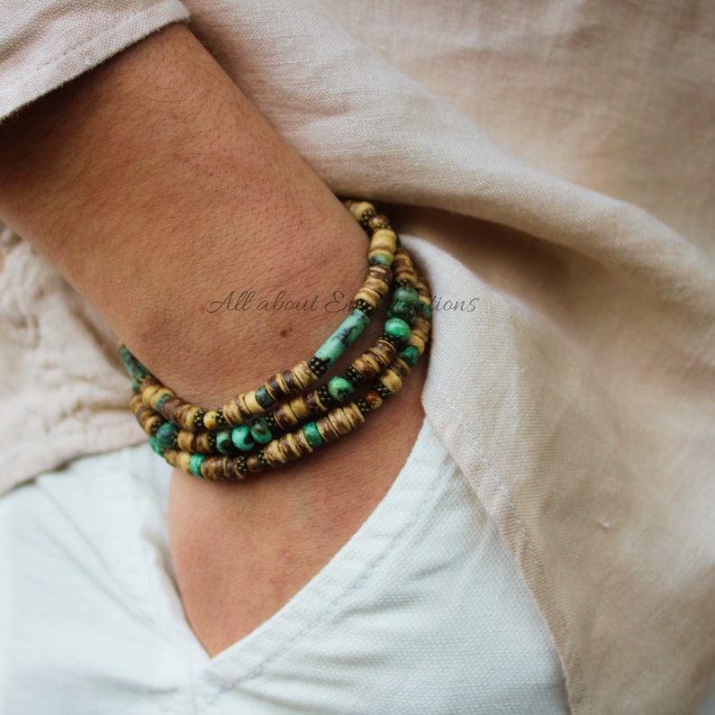 Mens bracelet. Mens gemstone bracelet. African turquoise bracelet. Mens beaded bracelet stack. Mens stretch bracelet. image 5