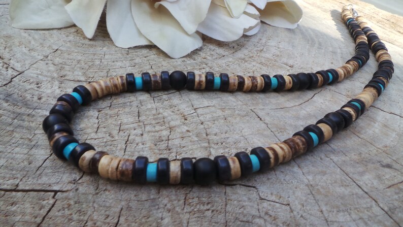 Mens beaded necklace. Mens turquoise necklace. Turquoise and black mens necklace. Surfer style necklace. image 7