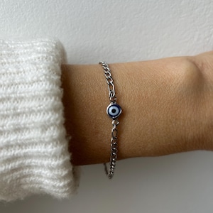 Heren boze oog-kettingarmband. Uniseks boze oog-armband. Beschermingsarmband. Zilveren roestvrijstalen ketting.