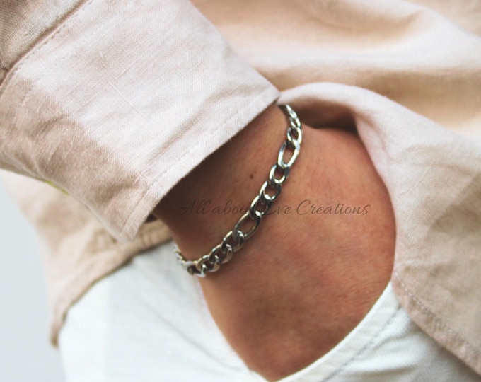 Mens Stainless Steel Figaro Chain Bracelet, 7mm