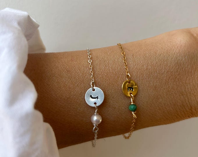 Dainty Initial Bracelet, Personalized Tiny Disk Bracelet with birthstone. 14k Gold Fill, Sterling Silver