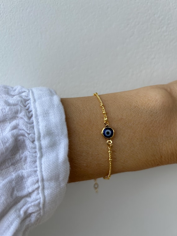 Gold Filled Evil Eye Bracelet: Dainty Satellite Chain, Greek Mati