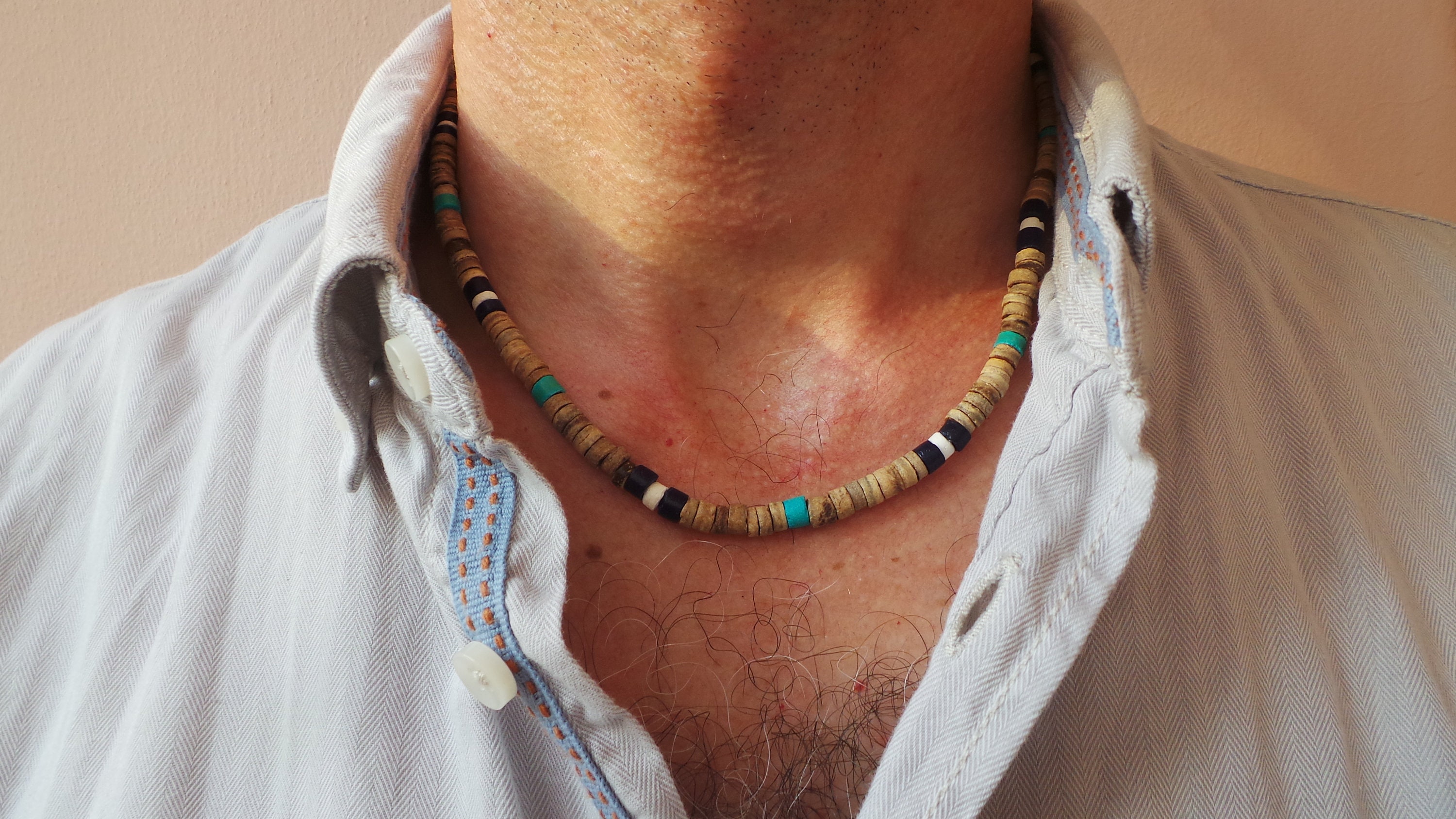 Mens beaded necklace. Turquoise necklace. Blue, white and turquoise ...