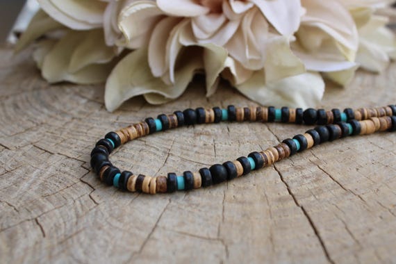 Mens beaded necklace. Mens turquoise necklace. Turquoise and black mens necklace. Surfer style necklace.