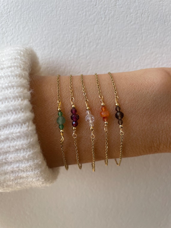 Dainty gemstone bracelet. Birthstone bracelet. Gold, silver, rose gold chain. Black tourmaline, amethyst, aquamarine, pearl (21 options)