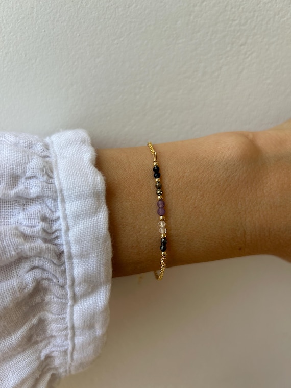 Empath protection bracelet. Block negative energy. Black tourmaline, clear quartz, amethyst, pyrite and hematite. Gold filled, sterling.