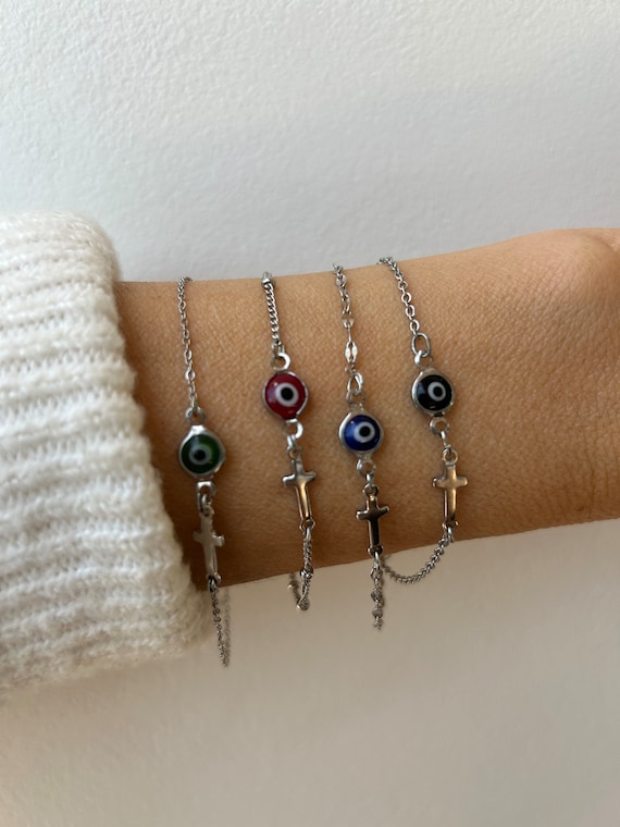Evil eye and cross bracelet. Evil eye bracelet. Sideways cross bracelet. Greek mati and cross bracelet. Protection. Silver chain